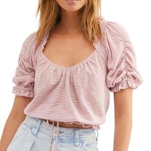 Free People Dorothy Ruched Puff Sleeve Top | Pink Stripe | Size Medium